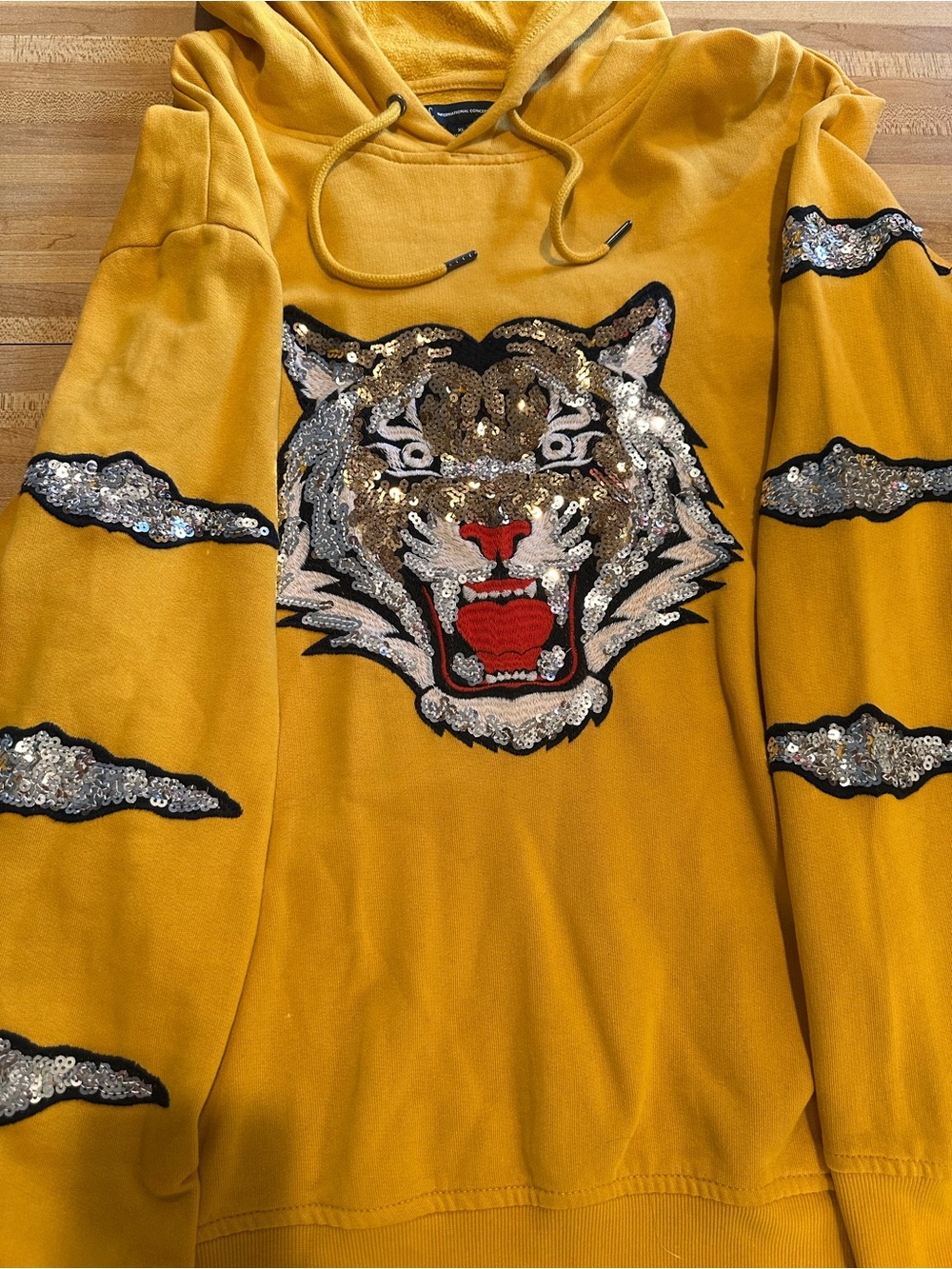 INC International Concepts Mustard Yellow Sequin Tiger Hoodie